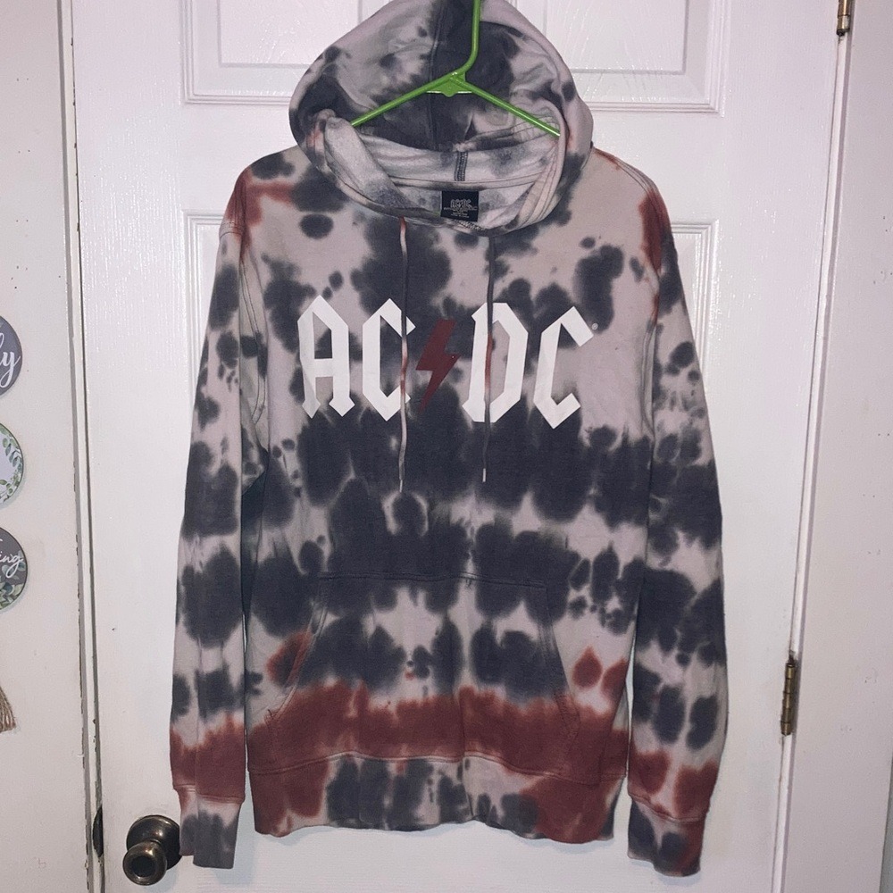 AC/DC Mens Tie Dye Graphic Hoodie Sweatshirt Rock Band‎ Logo Gray Rust Medium